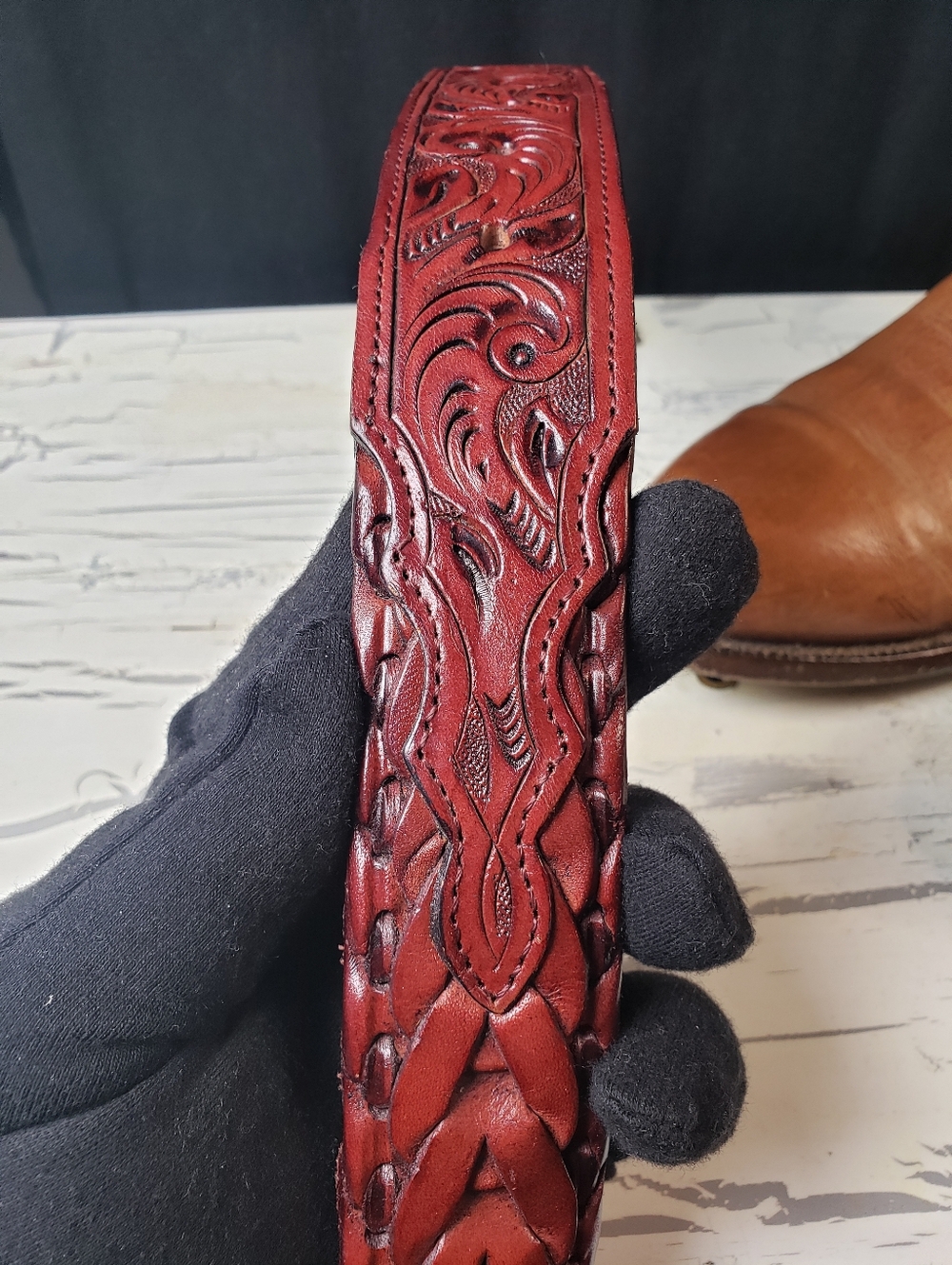Nocona Hand-Tooled Cowboy Belt style A 542 in Deep Mahogany - size 36 - Picture 7 of 16